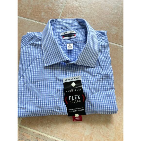 New! Van Heusen Flex collar regular fit Blue plaid Wrinkle free ‎ Men 18-34/35 - Picture 1 of 6